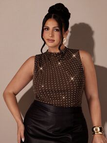 SHEIN BAE CURVE Plus Size Women's Rhinestone Embellished Ruched Casual Versatile Daily Wear Bodysuit - Coffee Brown - View 7