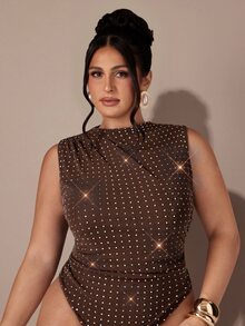 SHEIN BAE CURVE Plus Size Women's Rhinestone Embellished Ruched Casual Versatile Daily Wear Bodysuit - Coffee Brown - View 4