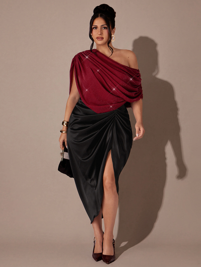 SHEIN BAE CURVE Büyük Beden Kadın Asimetrik Yaka Pileli Tasarım Bordo Altın ve Gümüş Metalik Şık Body