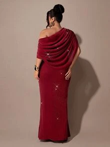 SHEIN BAE CURVE 大尺碼女款純色不對稱肩收腰優雅派對洋裝 - 酒紅色 - 查看 6