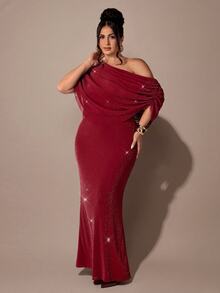 SHEIN BAE CURVE 大尺碼女款純色不對稱肩收腰優雅派對洋裝 - 酒紅色 - 查看 3