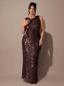 SHEIN BAE CURVE فستان نسائي بمقاس كبير برقبة دائرية بلون القهوة مستقيم مزين بالترتر - قهوة بني - مشاهدة 3