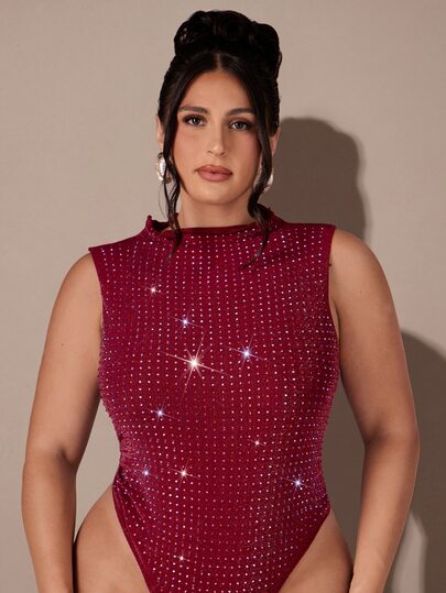 SHEIN BAE CURVE Plus Size Women's Fashionable Sleeveless Burgundy Rhinestone Embellished Bodysuit With Stand Collar Fall