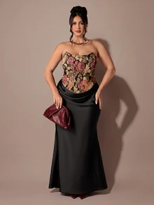 SHEIN BAE CURVE Plus Size Women's Woven Jacquard Elegant Strapless Dress - Multicolor - View 7