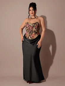 SHEIN BAE CURVE Plus Size Women's Woven Jacquard Elegant Strapless Dress - Multicolor - View 4