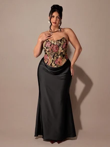 SHEIN BAE CURVE Plus Size Women's Woven Jacquard Elegant Strapless Dress - Multicolor - View 1