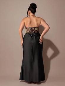 SHEIN BAE CURVE Plus Size Women's Woven Jacquard Elegant Strapless Dress - Multicolor - View 6