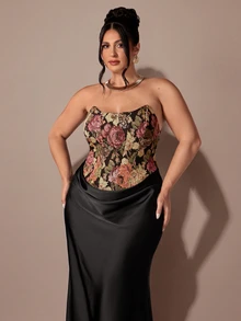 SHEIN BAE CURVE Plus Size Women's Woven Jacquard Elegant Strapless Dress - Multicolor - View 5