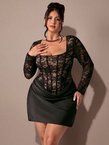 SHEIN BAE CURVE Gaun Elegan Wanita Ukuran Besar Lengan Panjang Leher Persegi Hitam Berlipit Renda untuk Musim Gugur - MultiWarna - View 5