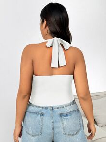 CovetEZ Plus Size Black Tie-Up Spaghetti Strap Crop Top - White - View 2