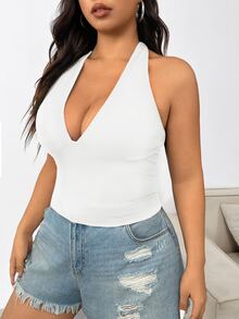 CovetEZ Plus Size Black Tie-Up Spaghetti Strap Crop Top - White - View 4