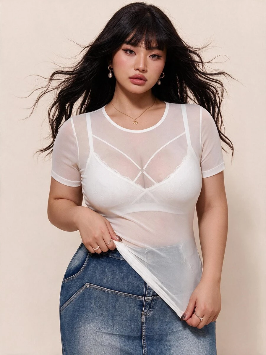 CovetEZ Blusa de manga corta con cuello redondo de malla transparente en talla grande - Blanco - Ver 1