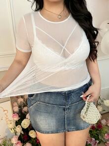 CovetEZ Blusa de manga corta con cuello redondo de malla transparente en talla grande - Blanco - Ver 6