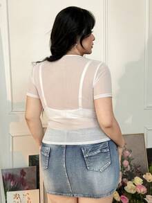 CovetEZ Blusa de manga corta con cuello redondo de malla transparente en talla grande - Blanco - Ver 2