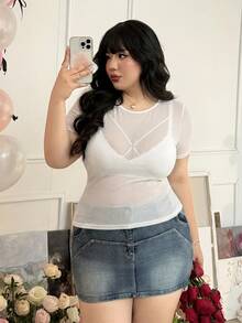 CovetEZ Blusa de manga corta con cuello redondo de malla transparente en talla grande - Blanco - Ver 4
