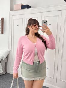 CovetEZ Autumn/Winter Sexy Deep V-Neck Solid Color Button Cardigan Plus Size - Pink - View 4