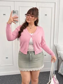 CovetEZ Autumn/Winter Sexy Deep V-Neck Solid Color Button Cardigan Plus Size - Pink - View 6