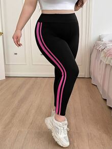 CovetEZ Plus Size Black & Burgundy Patchwork Skinny Leggings, Casual Daily Wear - Multicolor - View 5