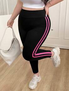 CovetEZ Plus Size Black & Burgundy Patchwork Skinny Leggings, Casual Daily Wear - Multicolor - View 6