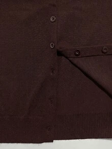 CovetEZ Plus Size Deep V-Neck Solid Color Button Cardigan, Autumn/Winter, Coffee Brown - Coffee Brown - View 8