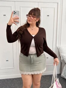CovetEZ Plus Size Deep V-Neck Solid Color Button Cardigan, Autumn/Winter, Coffee Brown - Coffee Brown - View 6