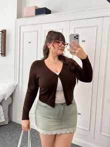 CovetEZ Plus Size Deep V-Neck Solid Color Button Cardigan, Autumn/Winter, Coffee Brown - Coffee Brown - View 4
