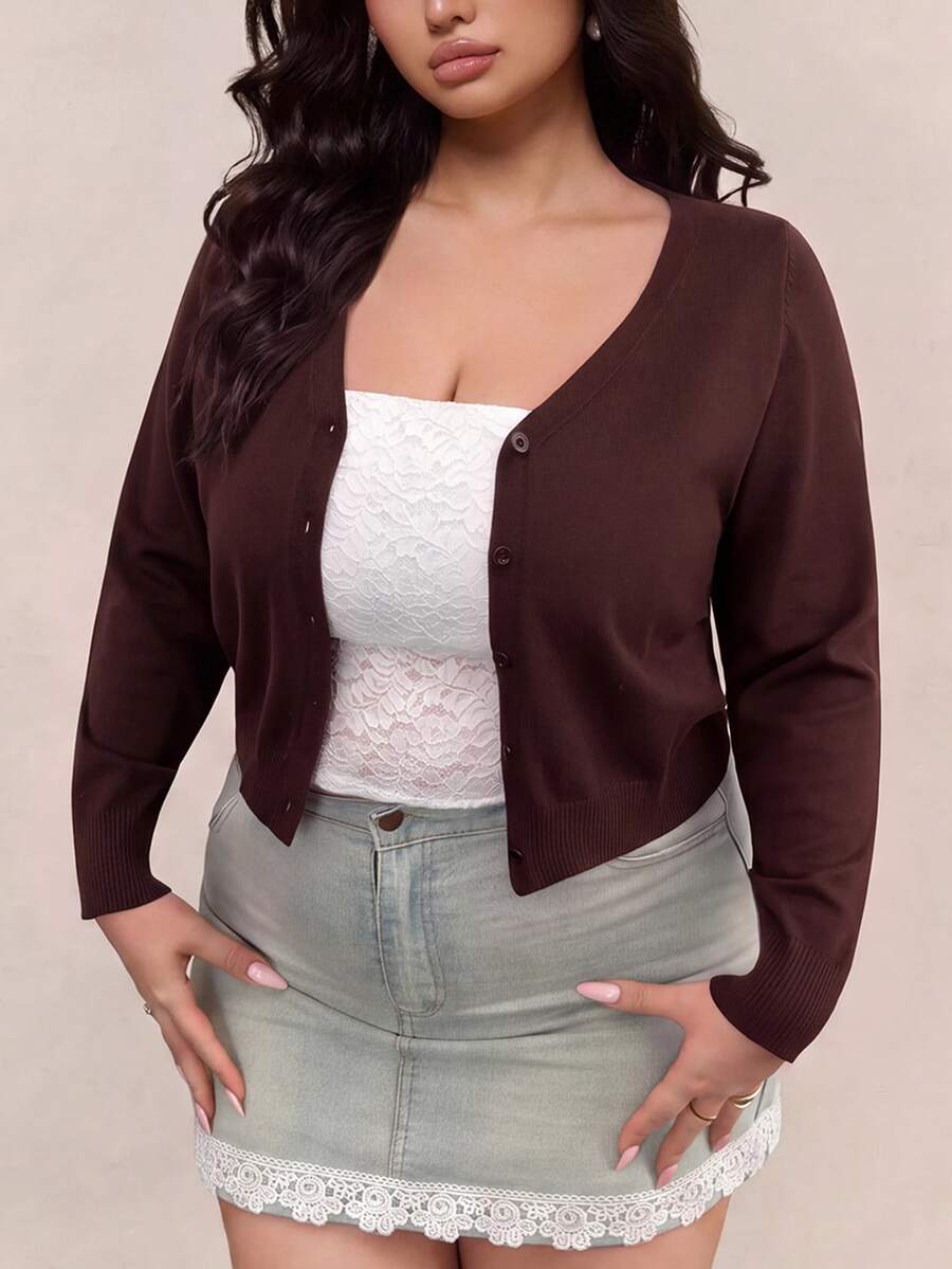 CovetEZ Plus Size Deep V-Neck Solid Color Button Cardigan, Autumn/Winter, Coffee Brown - Coffee Brown - View 1