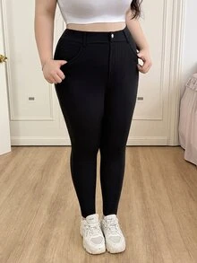 CovetEZ Pantalones de cintura alta de unicolor talla grande, aptos para uso diario, primavera/verano - Negro - Ver 9