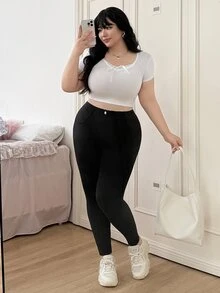 CovetEZ Pantalones de cintura alta de unicolor talla grande, aptos para uso diario, primavera/verano - Negro - Ver 5
