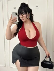 CovetEZ Parte superior de camisola sin espalda con cuello halter de unicolor y talla grande, para verano - Rojo - Ver 5