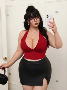 CovetEZ Parte superior de camisola sin espalda con cuello halter de unicolor y talla grande, para verano - Rojo - Ver 4