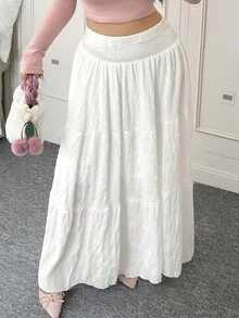 CovetEZ Plus Size Solid Color Drawstring Waist Skirt, Casual For Spring & Summer Fall - White - View 3