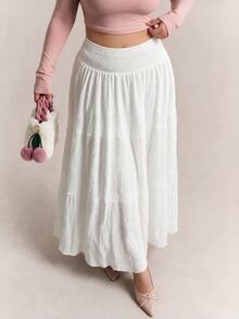 CovetEZ Plus Size Solid Color Drawstring Waist Skirt, Casual For Spring & Summer Fall - White - View 7