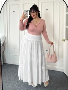 CovetEZ Plus Size Solid Color Drawstring Waist Skirt, Casual For Spring & Summer Fall - White - View 5