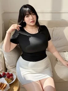 CovetEZ Plus Size Black Ruched Waist Elastic T-Shirt, Flattering Waistline - Black - View 4