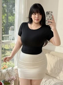 CovetEZ Plus Size Black Ruched Waist Elastic T-Shirt, Flattering Waistline - Black - View 6