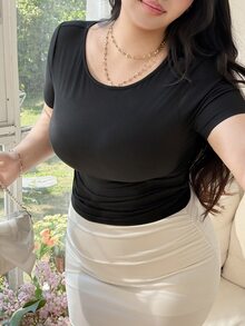 CovetEZ Plus Size Black Ruched Waist Elastic T-Shirt, Flattering Waistline - Black - View 2