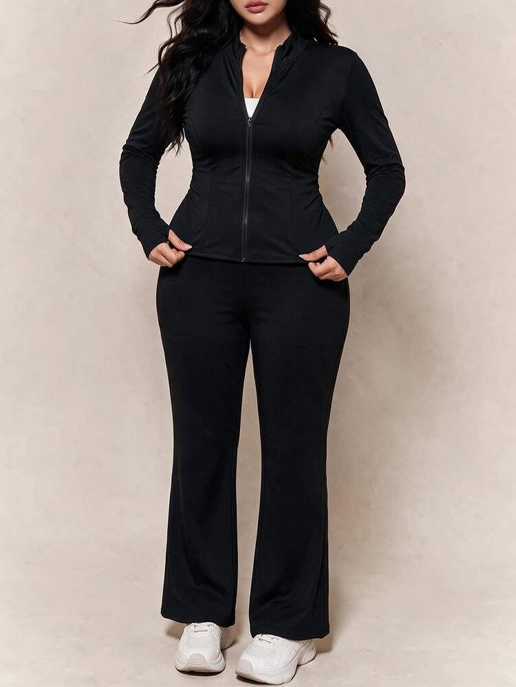 CovetEZ Plus Size Casual Lightweight Yoga Jacket And Flare Pants 2 Pieces Set Fall - Black - View 1