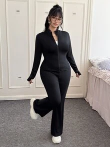 CovetEZ 大码休闲轻便瑜伽夹克和喇叭裤 2 件套 - 黑色 - 查看 4