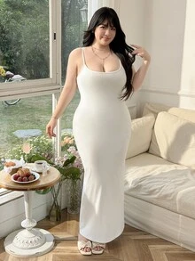 CovetEZ Vestido largo con correa blanco de talla grande, primavera - Blanco - Ver 3