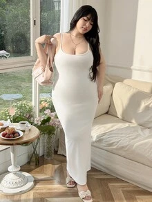 CovetEZ Vestido largo con correa blanco de talla grande, primavera - Blanco - Ver 4