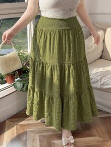 CovetEZ Plus Size Olive Green Ruffled Hem Casual Boho Skirt, Suitable For Spring/Summer Holiday Beach - Green - View 3