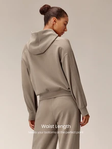 GLOWMODE Soft-Brushed Modal Cozy Vibes Relaxed Hooded Sweatshirt With Drop Shoulder Fit, Ribbed Sleeve Details & Silicone Logo Daily Casual Wear - Khaki - View 2