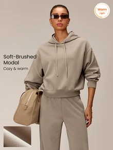 GLOWMODE Soft-Brushed Modal Cozy Vibes Relaxed Hooded Sweatshirt With Drop Shoulder Fit, Ribbed Sleeve Details & Silicone Logo Daily Casual Wear - Khaki - View 1