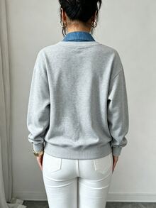 Elenzga Women's 2-In-1 Design Printed Faux Denim Patchwork Grey Sweatshirt, Loose Slouchy, Asymmetric Hem, Casual Slimming Elegant Pullover - Multicolor - View 2