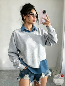 Elenzga Women's 2-In-1 Design Printed Faux Denim Patchwork Grey Sweatshirt, Loose Slouchy, Asymmetric Hem, Casual Slimming Elegant Pullover - Multicolor - View 1