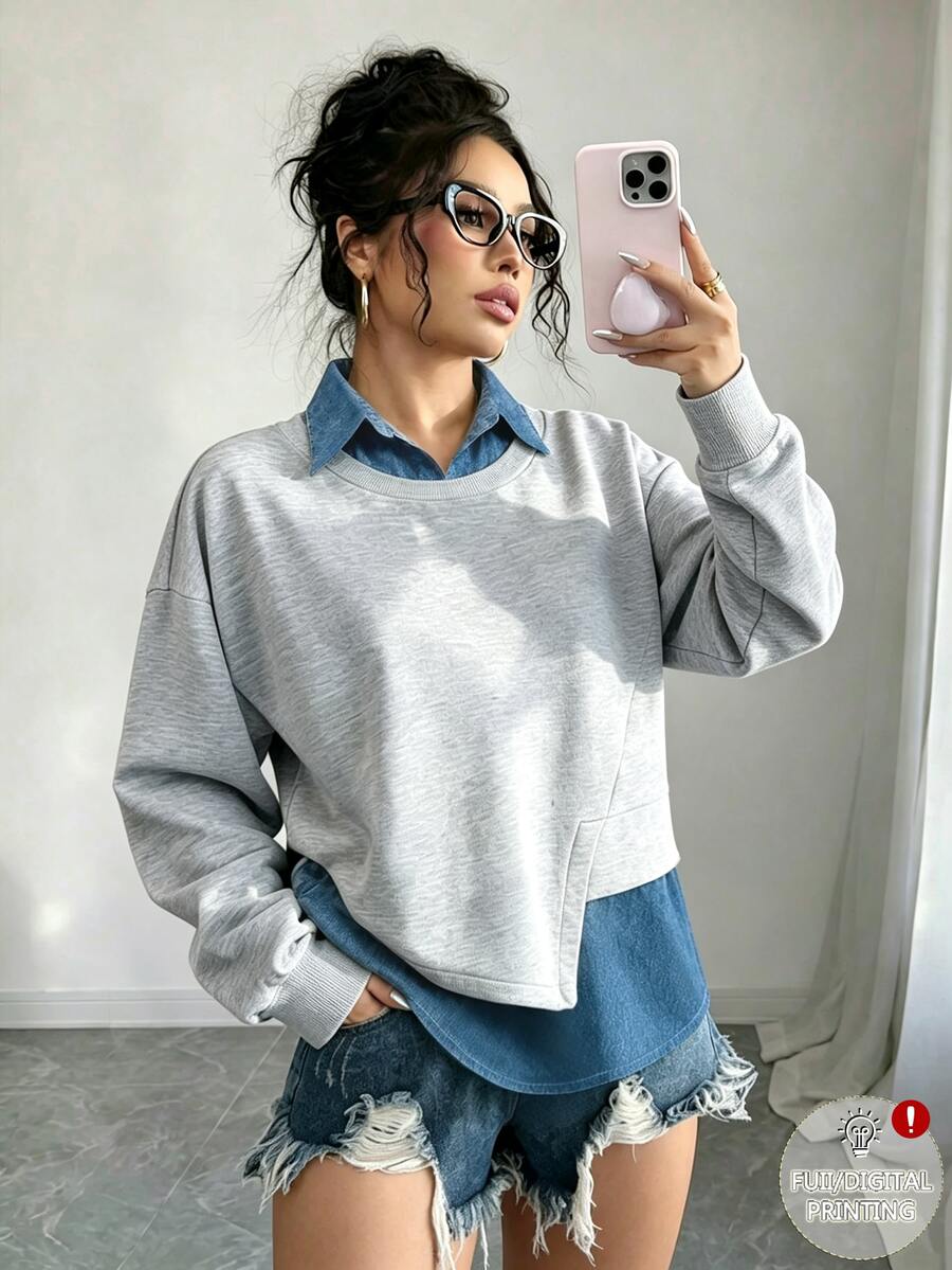 Elenzga Women's 2-In-1 Design Printed Faux Denim Patchwork Grey Sweatshirt, Loose Slouchy, Asymmetric Hem, Casual Slimming Elegant Pullover - Multicolor - View 1