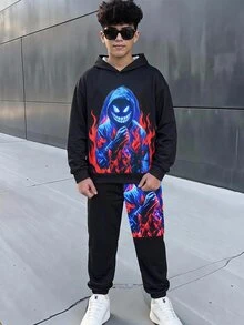 SHEIN 2件組兒童青少年男孩休閒日常萬用舒適印花圖案連帽衛衣寬鬆套頭長袖運動衫與寬鬆慢跑運動長褲針織套裝 - 黑色 - 查看 9