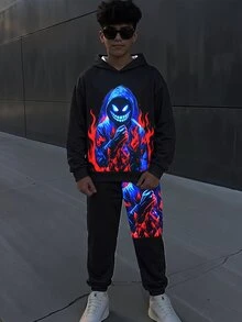SHEIN 2件組兒童青少年男孩休閒日常萬用舒適印花圖案連帽衛衣寬鬆套頭長袖運動衫與寬鬆慢跑運動長褲針織套裝 - 黑色 - 查看 6