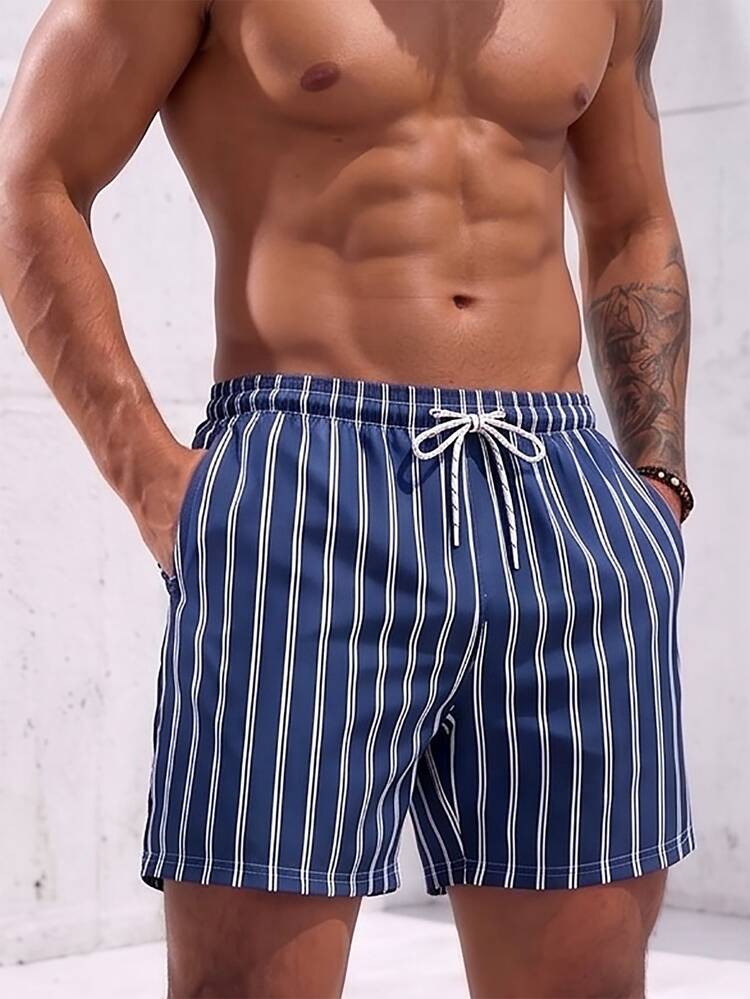 Manfinity KASUA Men's Navy Blue Vertical Striped Beach Shorts - Navy Blue - View 4